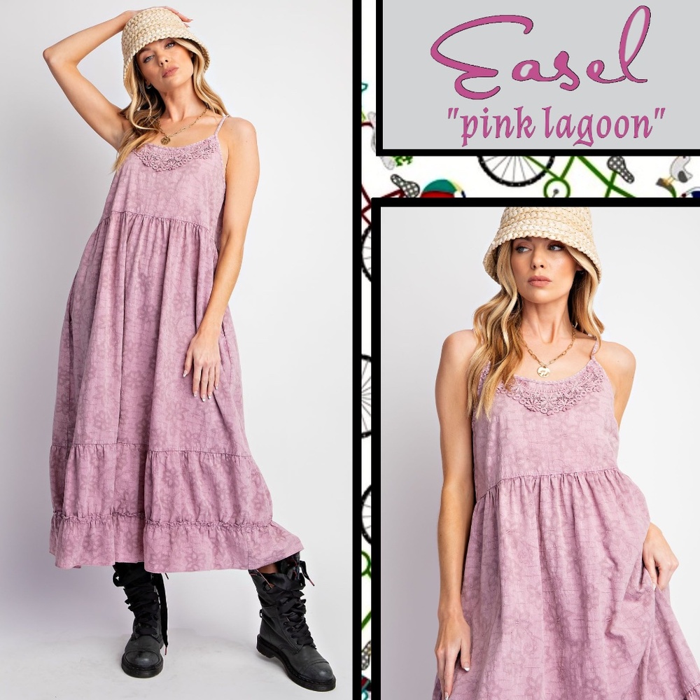 EASEL Mineral Washed Cotton Cami Dress Adjustable Straps, Ruffled Lace Neck Trim
